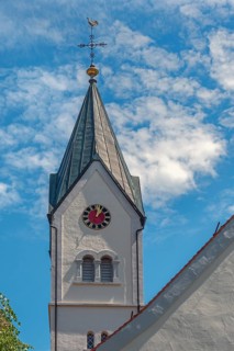 Church tower with clock and weathercock, Church of the Assumption of the Virgin Mary, Frauenzel,