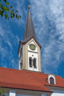 Church tower with clock, Church of the Assumption of the Virgin Mary, Frauenzel, Allgäu, Bavaria,