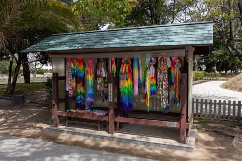 Colourful origami cranes made of paper as a sign of peace in the Peace Park, landmark, UNESCO World