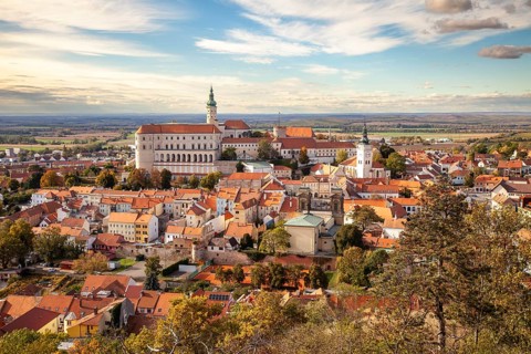 Panorama of a historic town with castle and churches, surrounded by autumn trees and a wide sky,