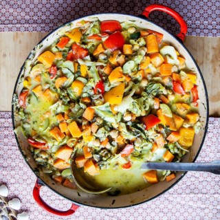 A colourful vegetable stew with various ingredients served in a large pot, Lower Austria Austria