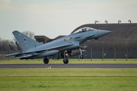 Eurofighter Typhoon military fighter jet aircraft of the Royal air force landing at RAF Coningsby
