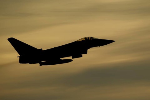 Eurofighter Typhoon silhouette of a military fighter jet aircraft of the Royal air force RAF flying