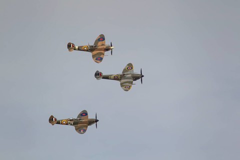 Supermarine Spitfire three warbird military aircraft in Royal air force RAF colours flying,