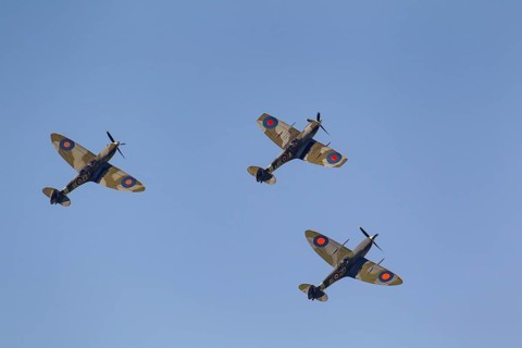 Supermarine Spitfire three warbird military aircraft in Royal air force RAF colours flying,