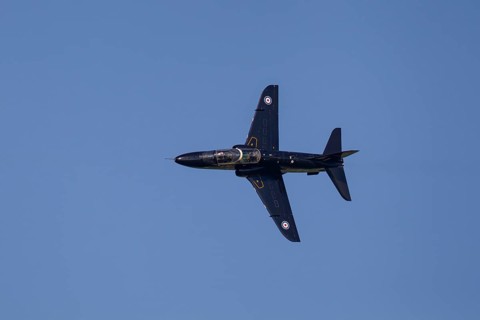 BAE Systems Hawk military jet aircraft in Royal air force RAF colours flying, England, United