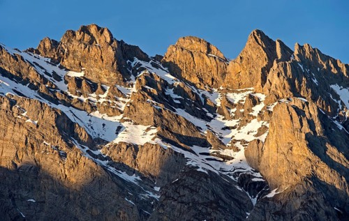Mighty mountain range with snowfields, Haut de Cry summit chain, Vaud Alps, Mayens de Chamoson,