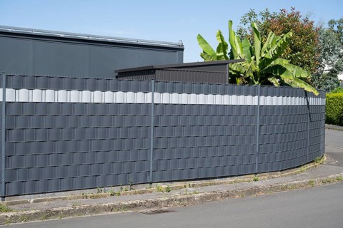 Double picket fence with privacy strips, Kamen, Ruhr area, North Rhine-Westphalia, Germany