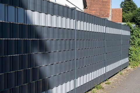 Double picket fence with privacy strips, North Rhine-Westphalia, Germany