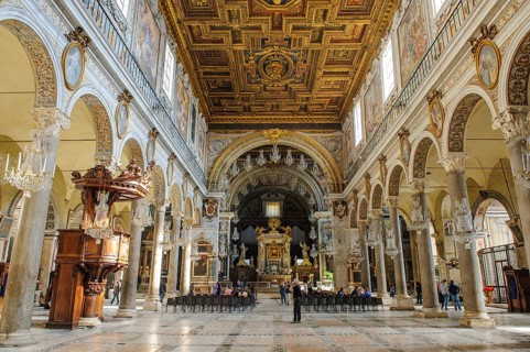 View of central nave with rear chancel of last Roman church built as basilica with Gothic
