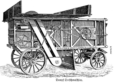 Steam threshing machine, threshing grain, inscription, Clayton and Shuttleworth, Lincoln, engine