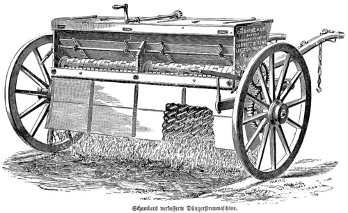 Schamberts improved fertiliser machine, soil improvement, wooden wheels, field work, agriculture in