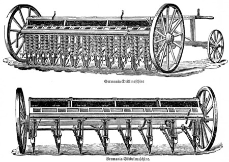 Germania Drill, drill, Germania Dibbelmaschine for sowing, wooden wheels, farm work, agriculture in