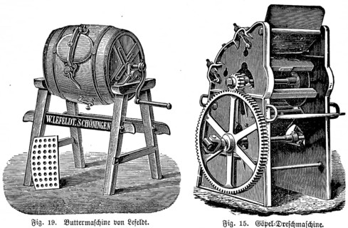Butter churn by Lefeldt, production of butter, wooden frame, butter churn, crank, goel threshing