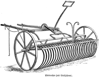 Horses rake with steel teeth, iron wheels, draft animal, agriculture in the 19th century,