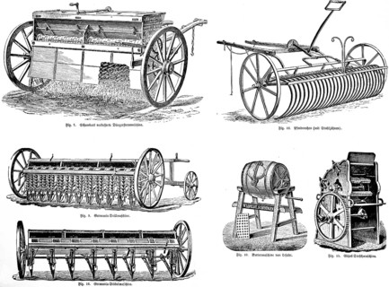 Schamberts improved fertiliser machine, horse rake with steel teeth, Germania seed drill and