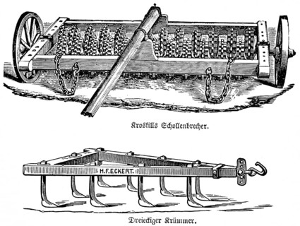 Kroskills clod crusher with iron chains, triangular bend, plough, agriculture in the 19th century,