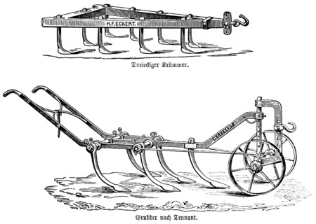 Triangular bend, cultivator for soil loosening and crumbling according to Tennant, iron tines,