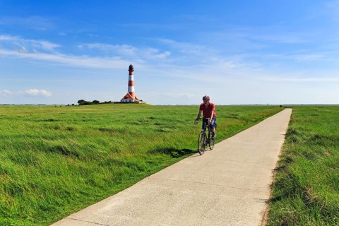 Cyclist, cycle tour through salt marshes, Westerheversand lighthouse on the horizon, Cirrus,