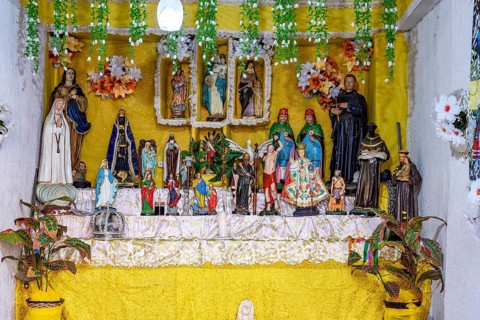 Saints and entities present at an Afro-Brazilian altar in Congado in Minas Gerais, Belo Horizonte,