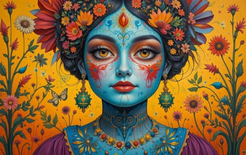 A vibrant portrait of a woman with blue skin, adorned with floral decorations and intricate