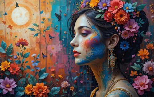 A vibrant artwork showcases a woman adorned with floral headpiece and face paint, set against a