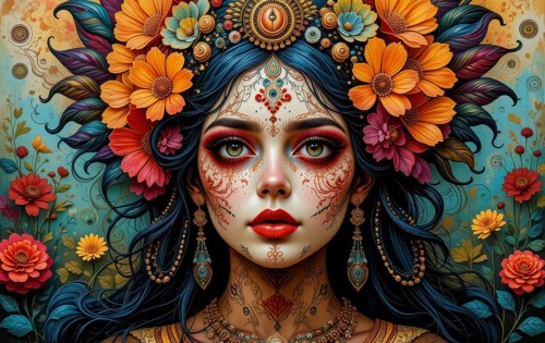 This vibrant image features a woman's face adorned with floral headdress and intricate face paint,
