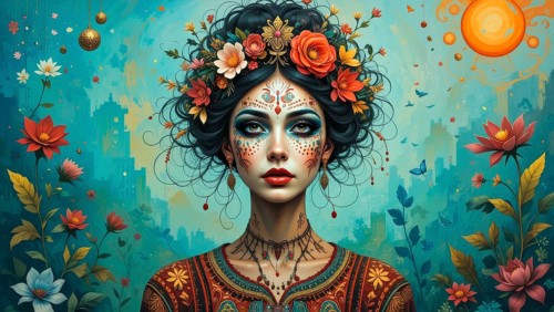 A stunning portrait of a woman adorned with floral decorations and intricate face paint, set