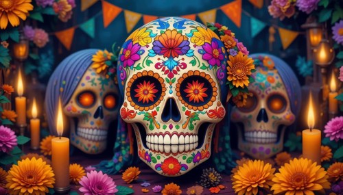 A vibrant image of beautifully decorated sugar skulls, candles, and colorful flowers set in a