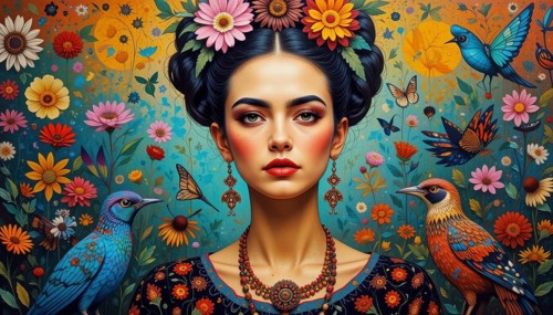 A vibrant portrait of a woman adorned with flowers and birds, set against a backdrop of colorful