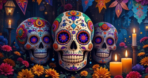 A vibrant depiction of Día de los Muertos, with three elaborately decorated sugar skulls surrounded