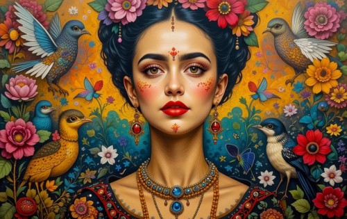 A captivating portrait of a woman adorned with flowers and birds, emanating beauty and cultural