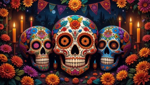 Vibrant artwork depicting three intricately decorated sugar skulls, surrounded by flowers and