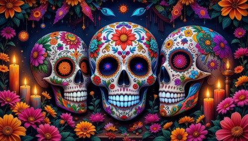 Vibrant artwork depicting three decorated sugar skulls with flowers, candles, and festive