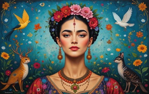 A portrait of a woman adorned with flowers, birds, and animals, rendered in a vibrant and artistic