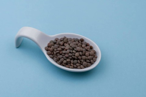 White ceramic spoon with lentils and blue bottom