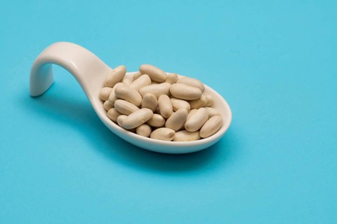 White ceramic spoon with white beans and blue bottom
