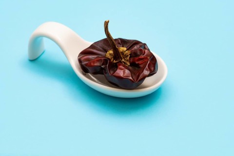 White ceramic spoon with dried bell pepper and blue bottom