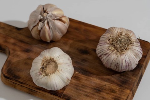 Whole and peeled garlic on wooden board and white background