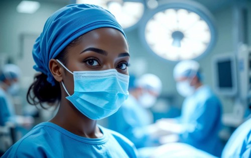 An African-American female surgeon in an operating room. She is wearing a surgical mask and cap,