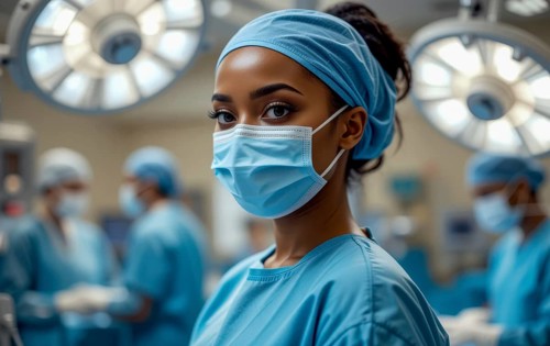 A beautiful black female surgeon wearing a surgical mask and scrub cap in an operating room,