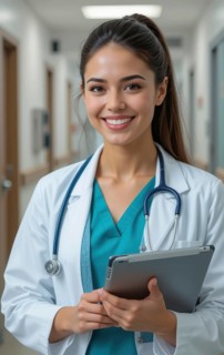 A smiling female doctor stands in a hospital hallway, holding a tablet and wearing a stethoscope.