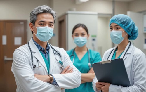 A team of healthcare professionals, wearing masks and scrubs, stands together in a hospital