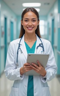 A smiling female doctor in a white coat and stethoscope holds a tablet in a hospital hallway, AI