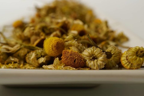 Dried chamomile on a white plate isolated on a white background with copy space