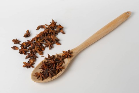 Close-up of star anise illicium verum in a wooden spoon isolated on white background and copy space