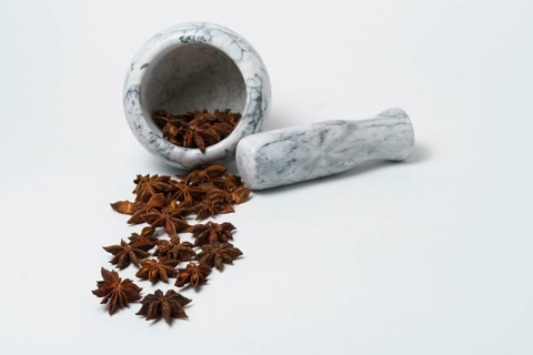 Close-up of star anise illicium verum in a white dish with a marble mortar isolated on white