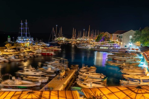 Boats in the harbour of Bol, night shot, island Brac, Dalmatia, Croatia