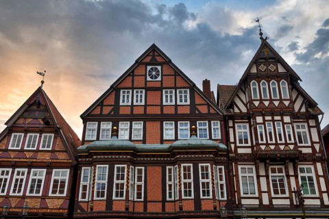 Characteristic half-timbered houses in the historic old town, Brick Gothic, splendidly decorated
