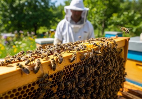 A close-up of a honeycomb frame bustling with honeybees, with a blurred beekeeper and beehive in